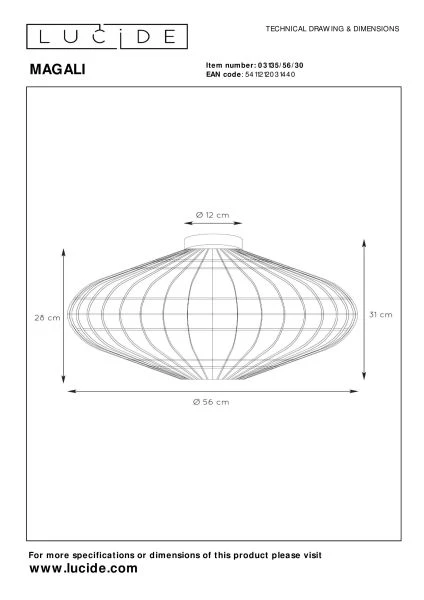 Lucide MAGALI - Plafonnière - Ø 56 cm - 1xE27 - Zwart - technisch